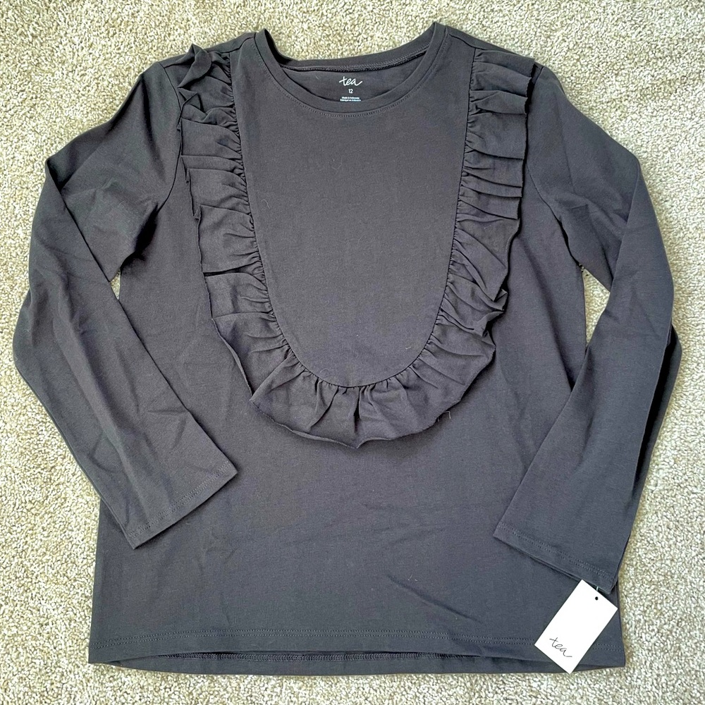 Tea Girls long Sleeve ruffled Shirt Grey 12 NWT